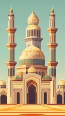 Obraz premium Arabic-inspired mosque with domes, minarets, and intricate geometric patterns