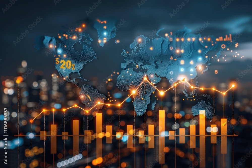 Wall mural a colorful, glowing map of the world with a series of lines and numbers
