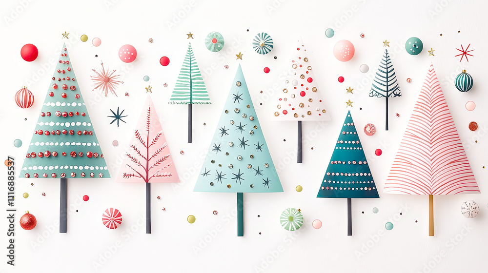 Poster Decorative paper trees in various colors and designs are adorned with ornaments, adding a joyful touch for winter festivities