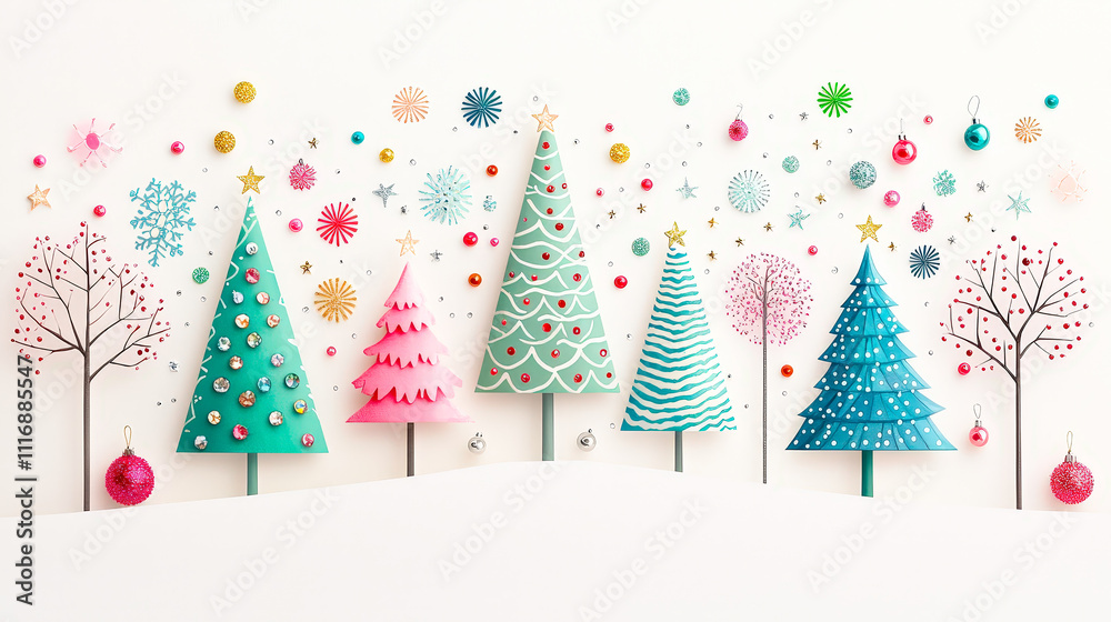 Poster a collection of vibrant christmas trees adorned with colorful ornaments and stars, creating a lively