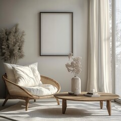 Minimalist Living Room Interior with Blank Frame and Wooden Furniture