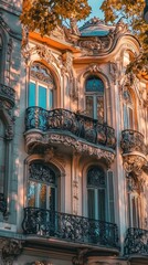 Obraz premium Art Nouveau building with flowing lines, floral motifs, and ornate ironwork