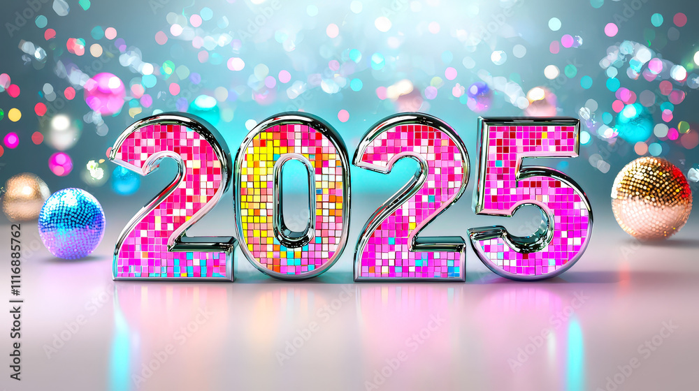 Poster colorful decorations featuring a large shiny \'2025\' display create a festive atmosphere for a new 