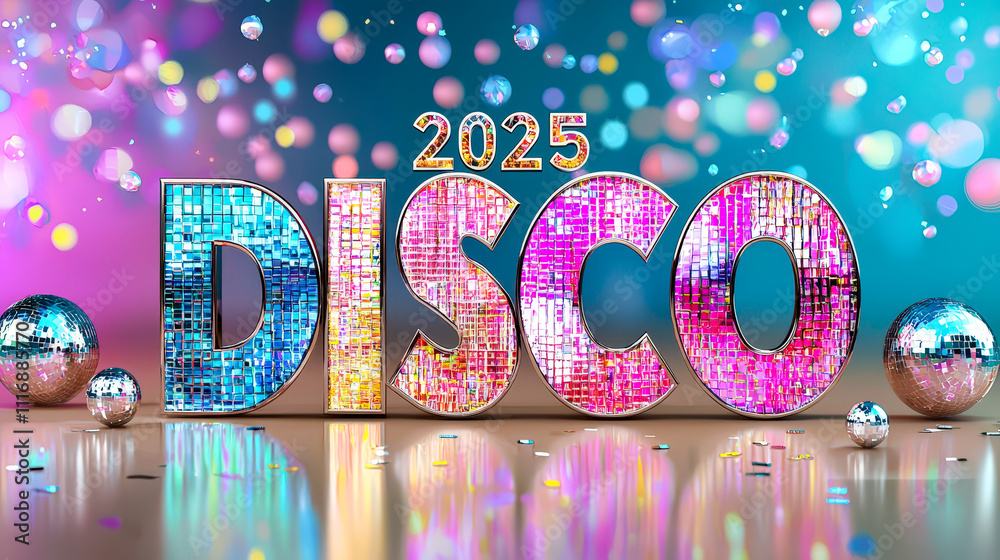 Poster bright and vibrant setting featuring large glittering letters spelling disco, surrounded by sparklin
