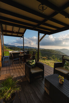 View of a landscape from a terrace with hot tube