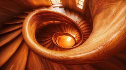 Obraz premium A wooden spiral staircase curves upwards towards a bright window at the top.