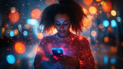 Woman Using Smartphone for E-commerce and Social Media in Modern Digital Art Style with Floating Icons and Futuristic Technology