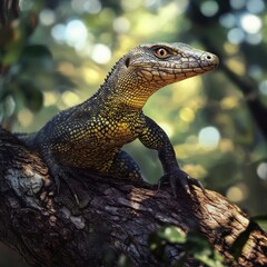 Obraz premium A Yellow-Green Lizard Perched on a Branch