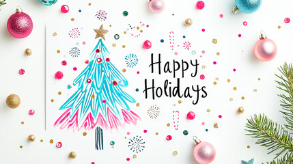 Vibrant holiday card with  Christmas tree colorful ornaments, and the text "Happy Holidays"