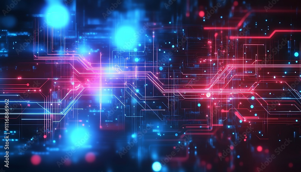 Poster abstract digital background with glowing lines and particles representing technology and data flow.