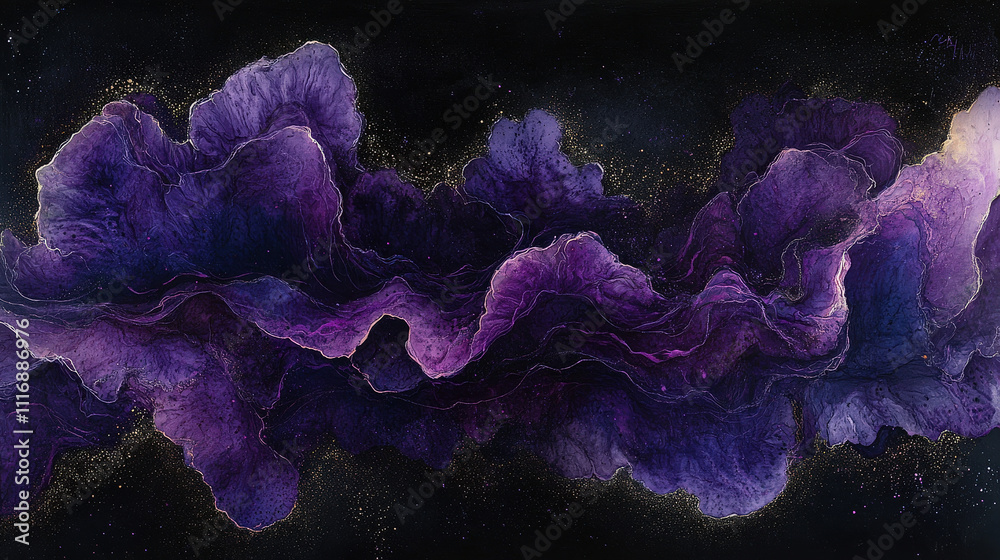 Poster flowing waves of purple and violet shades merge against a black backdrop, creating an enchanting vis