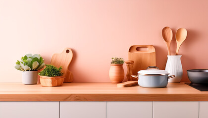 Cooking, kitchen, concept, pot, vase, plant, spatula, pan, wood, stylish, bright atmosphere, illustration, design