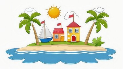 A cartoon drawing of a beach with a boat and two houses