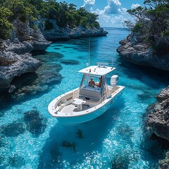 Crystal Clear Turquoise Waters Scenic Image White Center Console Boat