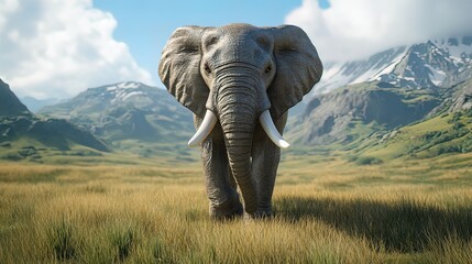 Naklejka premium Majestic elephant facing camera in a mountain grassland.