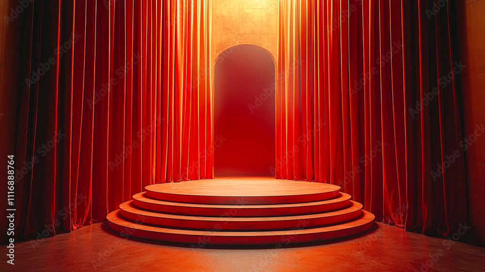 Aufkleber the stage is bathed in warm light, showcasing elegant red curtains and a circular platform, creating