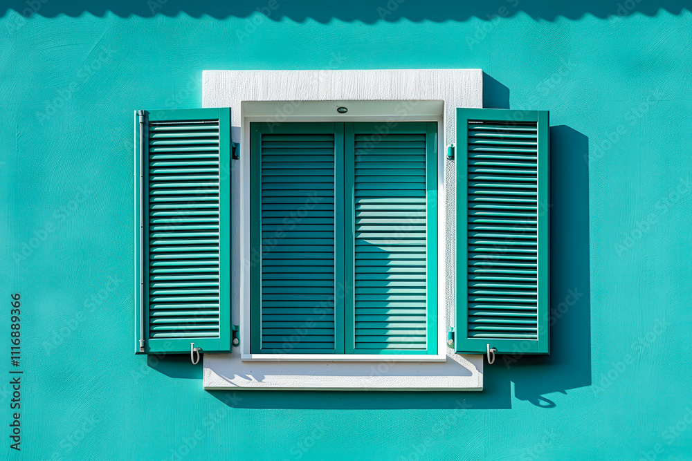 Poster A charming turquoise window features open shutters that highlight the beautiful architecture of the building in daytime light