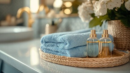 Spa-like bathroom with blue towels, essential oils, and flowers.