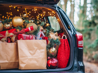 Car trunk packed with Christmas shopping bags, filled with festive items like decorations, lights, and gift deals.
