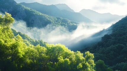 Obraz premium Misty mountain landscape at sunrise, sunlight illuminating lush green trees and valleys.