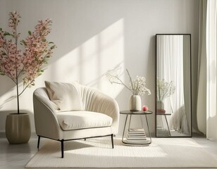 A Bright Modern Sitting Area with a Beige Chair, Books, and a Touch of Floral Elegance.