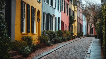 Obraz premium Colorful row houses along a cobblestone street, exuding European charm
