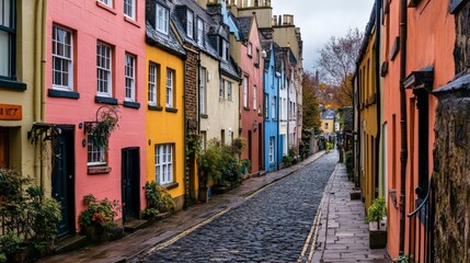 Fototapeta premium Colorful row houses along a cobblestone street, exuding European charm
