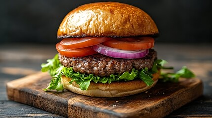 Delicious Juicy Beef Burger on Wooden Board