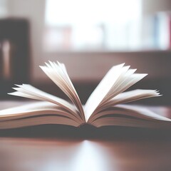 Fototapeta premium Open book on wooden table, pages fanned out, soft light from window.