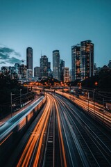 Naklejka premium Urban skyline at dusk with train tracks and light trails.