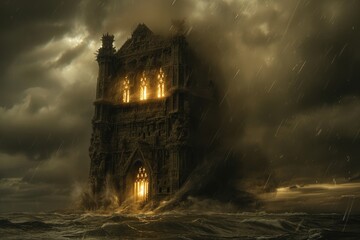 Naklejka premium A castle is shown in a stormy sea with water crashing against it