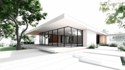 Modern white house with glass walls and wooden accents, surrounded by trees and a minimalist garden.