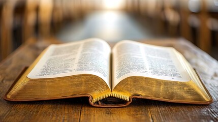 Obraz premium Open Holy Bible on wooden table in church.