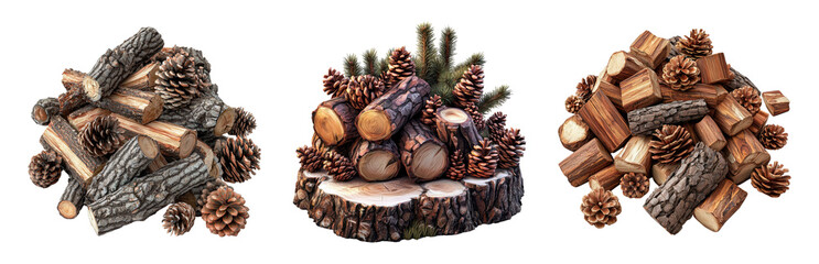Natural Wood Piles with Pine Cones and Logs Isolated on transparent background