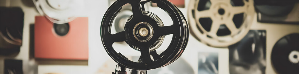 Vintage film reel with a classic design situated in a retro decor environment showcasing the charm...