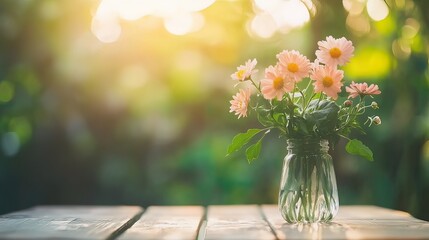 Peach-colored flowers in a glass vase on a wooden table outdoors at sunset.