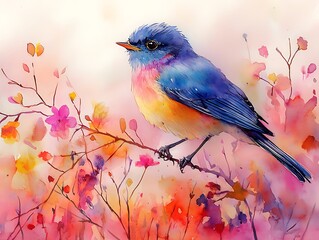 Nature Scene Watercolor Painting Colorful Bird Branch Beautiful Artistic Illustration