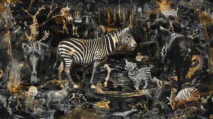 A collage featuring various animals, primarily zebras, in a dramatic scene.