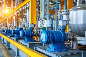Fototapeta premium Factory with large mixing tanks and pumps in a chemical production line