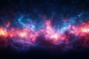 Fototapeta premium Night Sky Illuminated Vibrantly By Colorful Fireworks Festive Scene Artwork Image