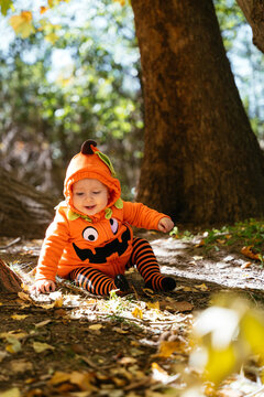 A cute baby in a pumpkin costume is cheerful in the forest