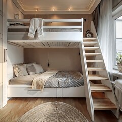 A boy's room design with an elevated bed and a spacious area below for imaginative play.