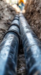 Two black pipes laid in a trench for installation or repair purposes.
