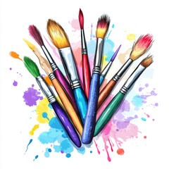 Fototapeta premium Colorful paintbrushes with vibrant splashes of paint create artistic and lively composition. brushes are arranged in fan shape, showcasing variety of colors and textures