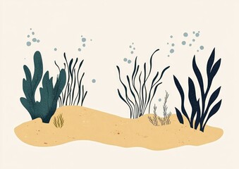 Undersea Scene with Sandy Bottom and Various Seaweeds