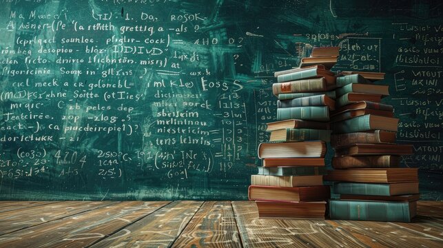 Stack of old books against a chalkboard with equations.