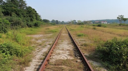 Obraz premium Rusty railway tracks disappearing into overgrown vegetation.