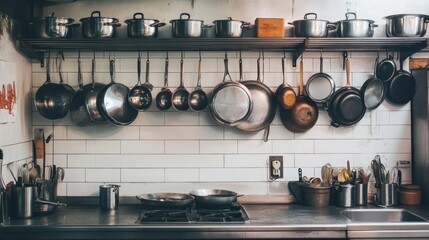 Kitchen with Hanging Pots and Pans