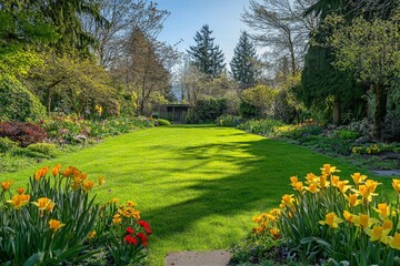 Obraz premium Fresh spring garden with daffodils and tulips in bloom, symbolizing renewal