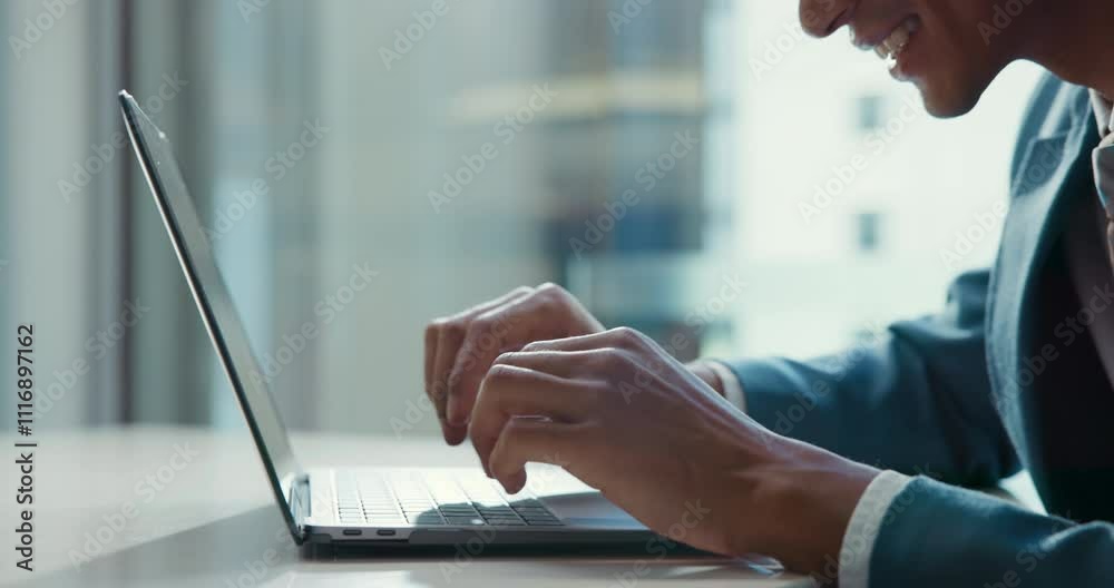Poster laptop, typing and hands of business man in office pointing to screen for website, research and read